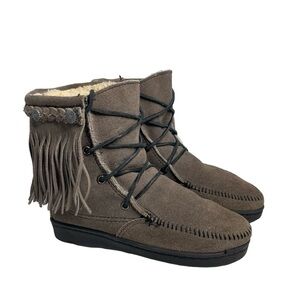 Minnetonka Tramper Boot Moccasins- Gray Suede Fringe Lace Up Boho Womens 5